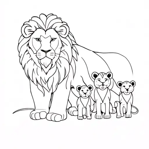 Male Lion And His Wife And Four Cubs