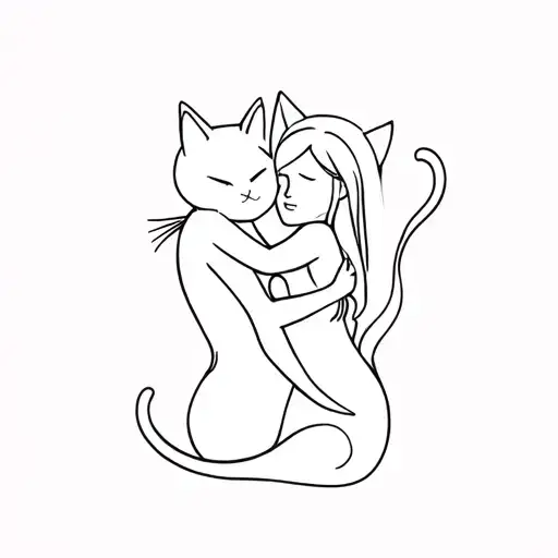 Cat With A Tail Rolled Up On Herself Who Hugs A Woman Who Has A Square Cut