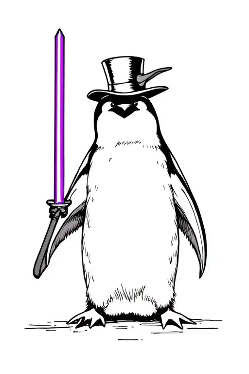 Emperor Penguin With A Top Hat And Holding A Purple Light Saber