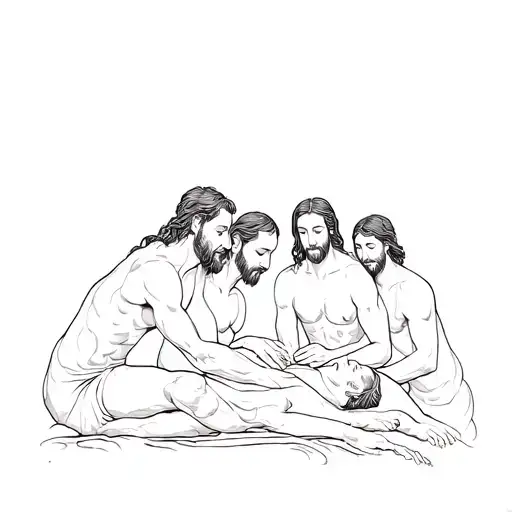 4 Friends Lowering The Paralytic Man To Jesus Christ