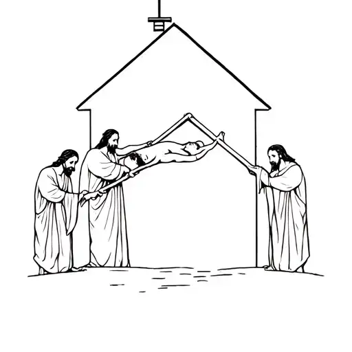 4 Friends Lowering The Paralytic Man From The Roof Of The House To Jesus Christ In Mark 2