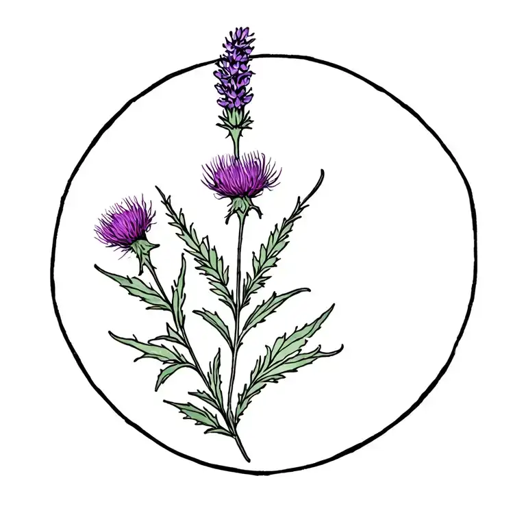Back Tatoo With A Thistle And Lavender