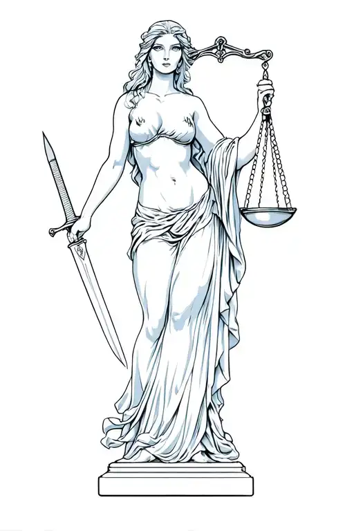 Sexy Lady Of Justice Holding Scales Of Justice In One Hand And A Sword In The Oher Hand