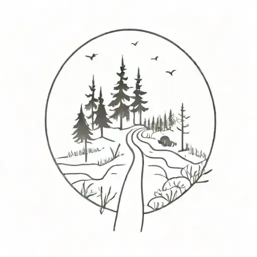 Dark Mystical Forest With A Road And On The End Of The Road A Cross