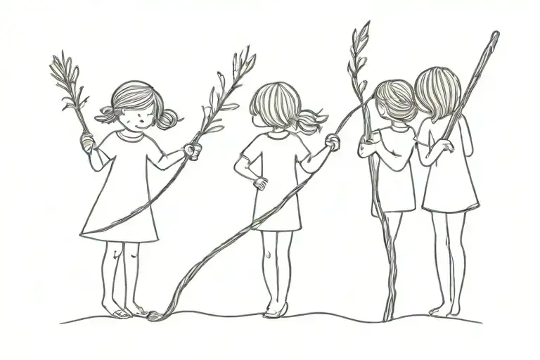 3 Little Girls Holding A Long Stick Crossed