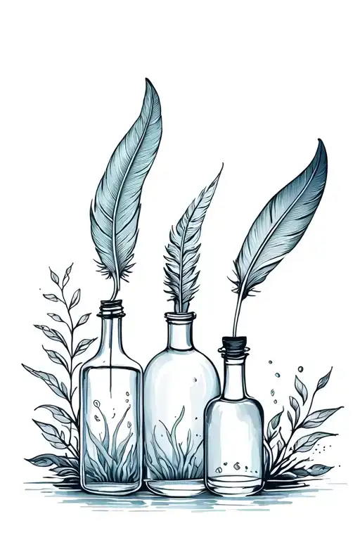 Feather And Ink Bottles With Tentaclesa And Some Nature Like Palm