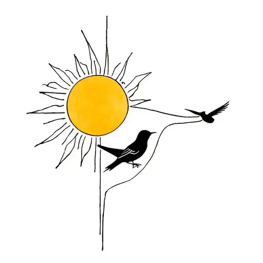 A Sun With A Wren Flying Towards The Sun