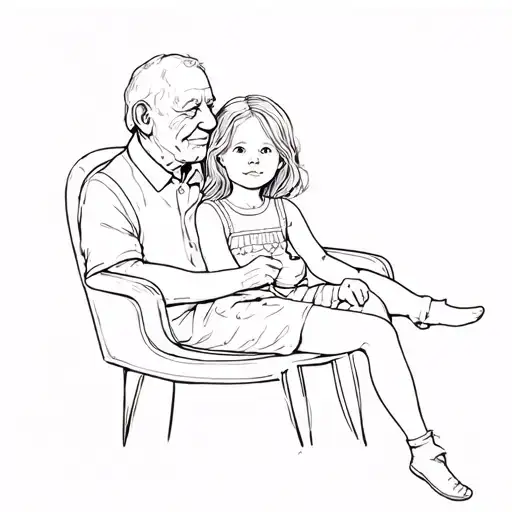 A Little Girl Sitting In A Chair With Her Grandpa