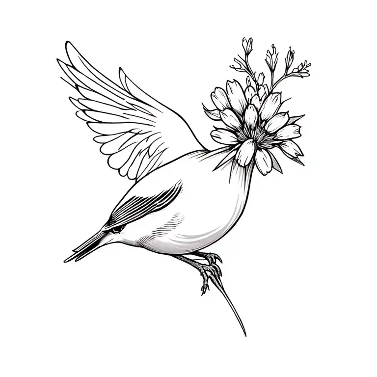 Sparrow Flying With Wildflower In Its Beak