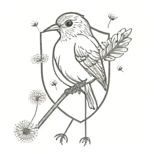 Robin Holding Dandelion With A Shield Around Them