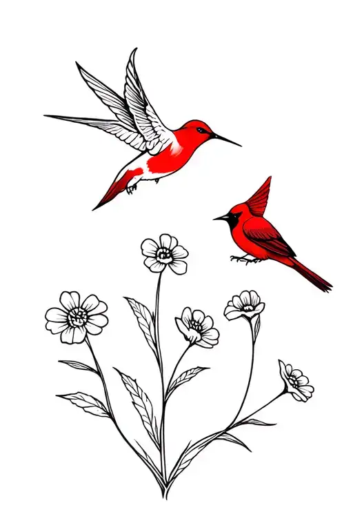 Hummingbird And Redbird With Five Flowers Growing