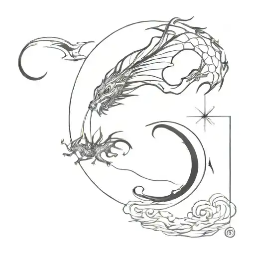 Different Moon And Dragon Flying