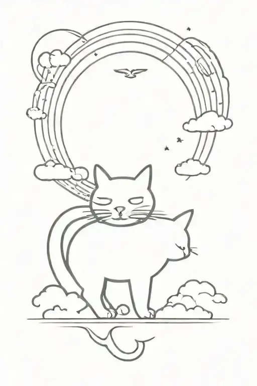 Cat With Wings Walking On The Rainbow Bridge Towards The Clouds