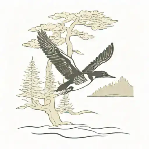 Simple Image Of A Common Loon In Flight In Front Of A Pine Tree