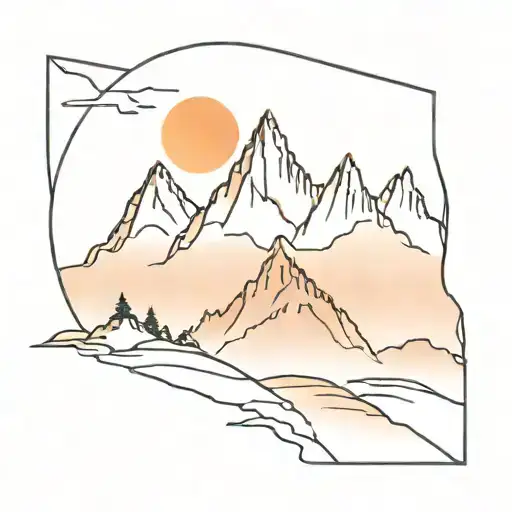 Sunset Mountain Asymmetric Watercolor Tattoo Design Featuring
