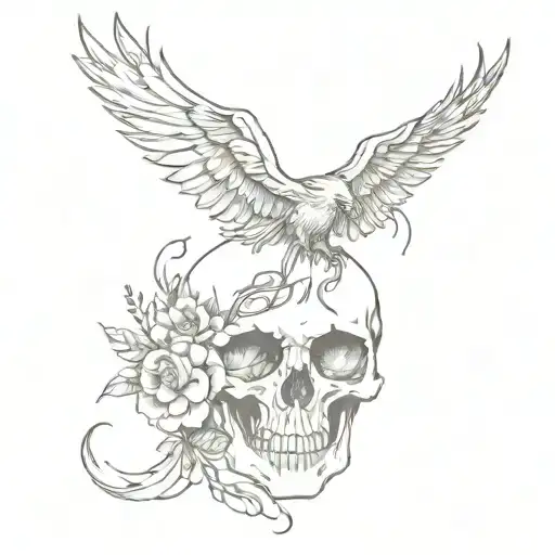 Phoenix Flying Out Of A Skull With Flowers Intertwined