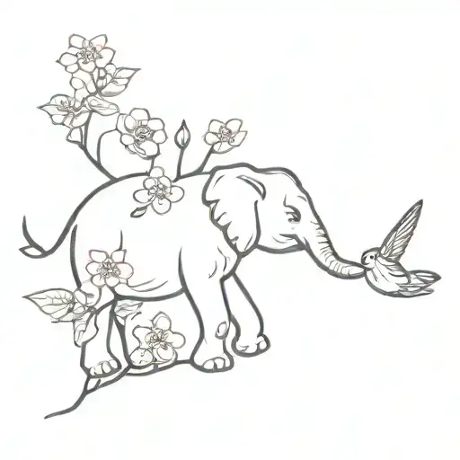An Elephant With Cherry Blossoms And Hummingbird Flying