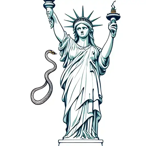 Statue Of Liberty With Half Femine Half Skull Face Holding Torch With Snake Wrapping Around