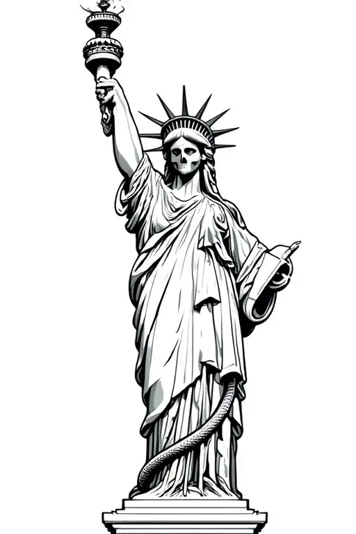 Statue Of Liberty With Half Femine Half Skull Face Holding Torch With Snake Wrapping Around