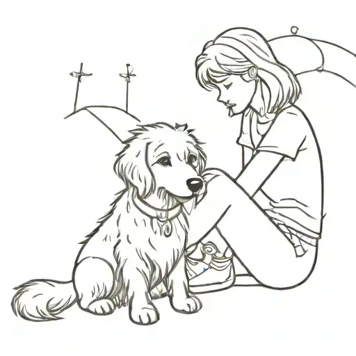 Little Prince Style Girl Sitting Next To Her Labradoodle Dog