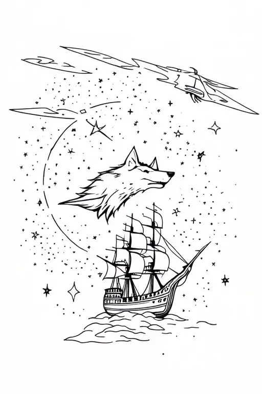 Wolf And Space Infused Background While Pirate Ship Flys Through Galaxies