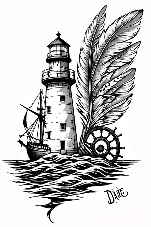 Lighthouse With Clock And Ships Wheel And Indian Feathers