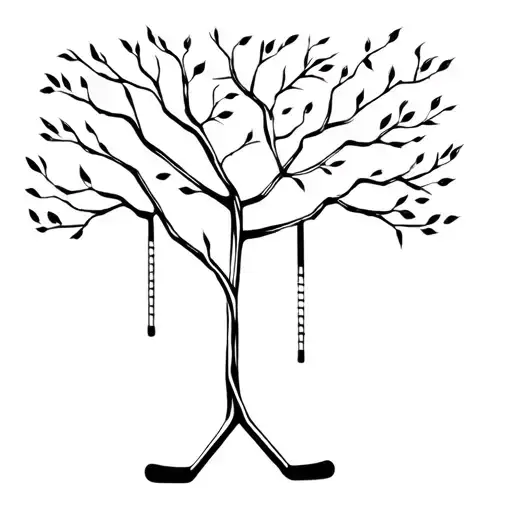 A Minimalist Tattoo Design Of A Family Tree Intertwined With Hockey Sticks