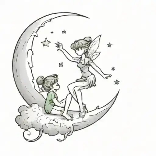 Peter Pan And Tinkerbell Sitting On Moon