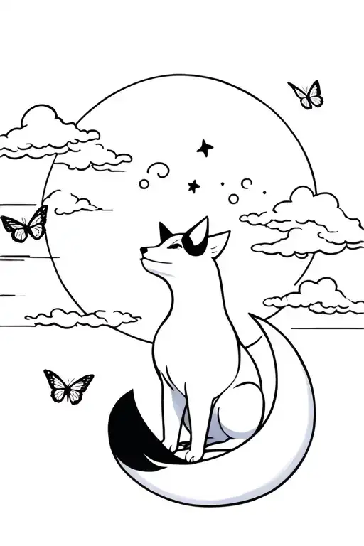 A Kitsune Sitting Looking Up At A Crescsnt Moon Surrounded By Japanese Clouds And Butterflies