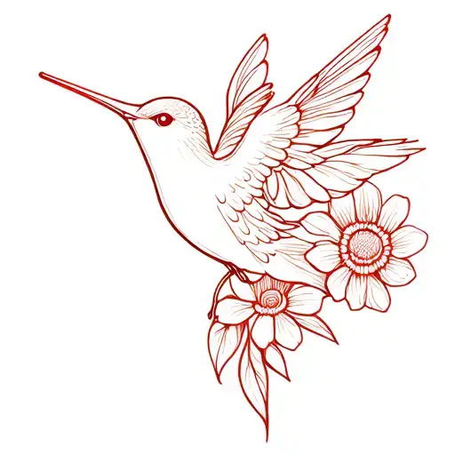 Single Line Hummingbird With Flowers