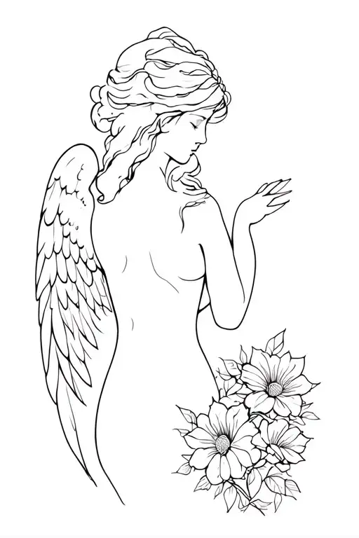 Angel From The Back And Flowers
