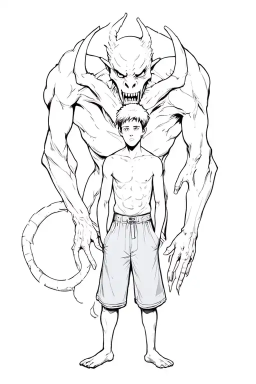 A Boy Standing With A Scary Demon Towering Behind And Wrapped Around Him