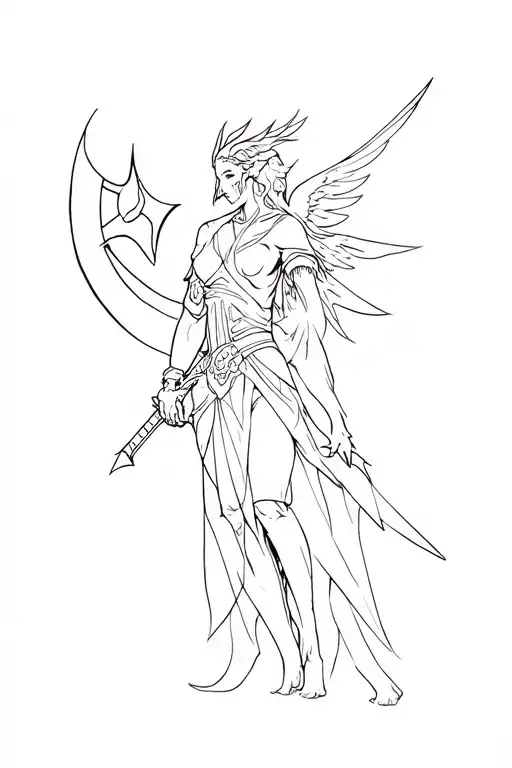 Flying Valkyr Holding A Sword And An Axe