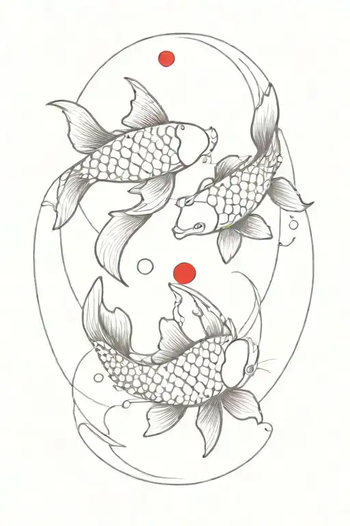 Two Koi Fish With Red Sun Reflection At The Center