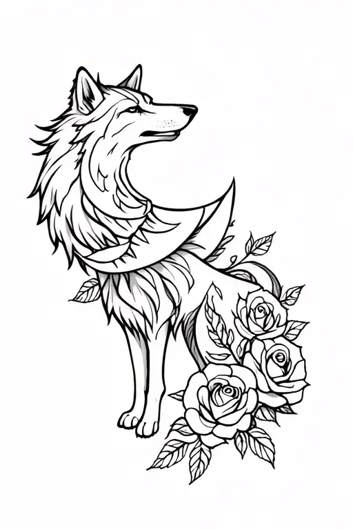 Wolf And Roses Intertwined And Moon