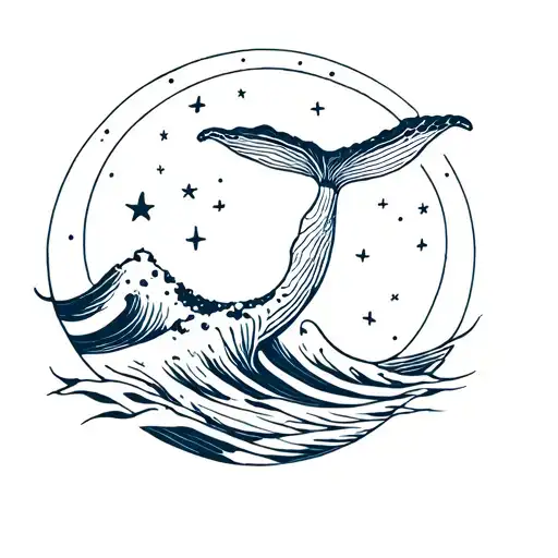 Whale Tail Coming Out Of A Wave With A Crescent Moon And Stars All In A Circle