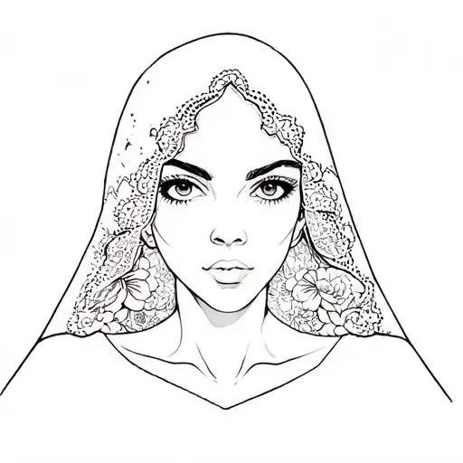 Outline Style Witchy Women Head And Shoulders Wearing A Lace Veil