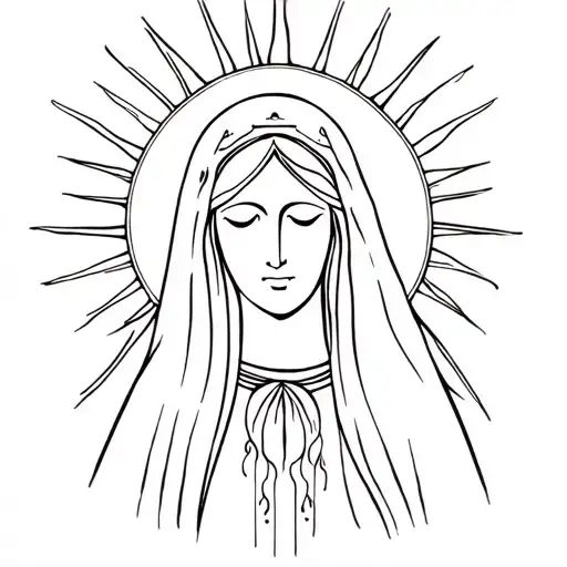 Virgin Mary Mother Outline Style With Sun Rays Around Head And Tears