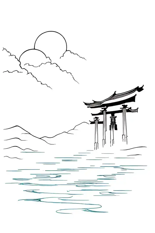 Japanese Scene With Tori Gate And Water Flowing