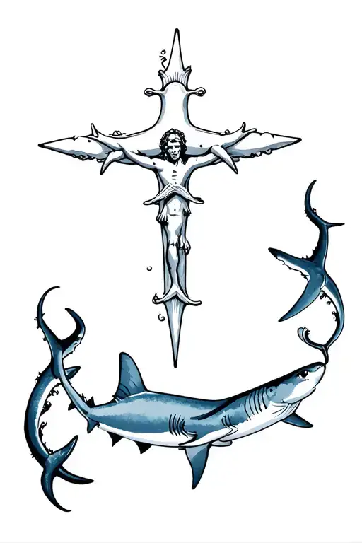 Cristian Cross With Different Sharks And Marine Life Around It