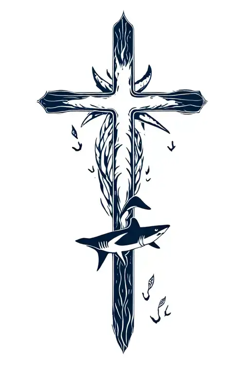Cross With Different Sharks And Marine Life Around It