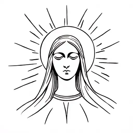 Mother Mary Modern Outline Tattoo With Sun Rays Around Head