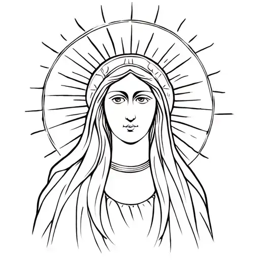 Mother Mary Modern Outline Tattoo With Sun Rays Around Head