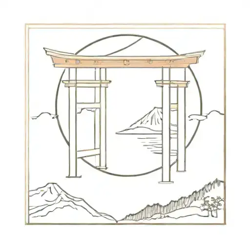 Torii Gate With Mt Fuji And Shinto Shrine Minimalistic Tattoo Design Circle