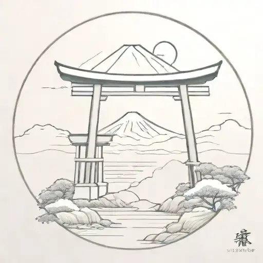 Torii Gate With Mount Fuji Circle