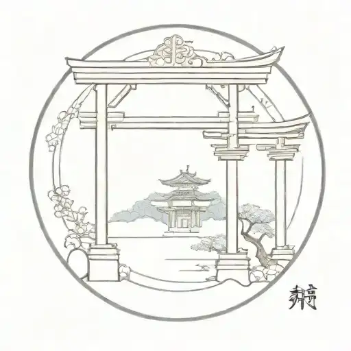 Torii Gate With Shinto Shrine Circle Minimalistic Tattoo Design