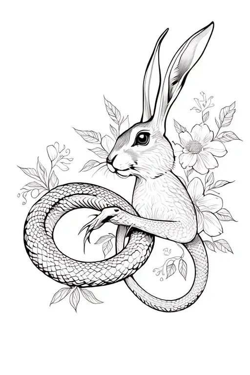 Hare Fighting Snake Intertwined With Floral Background
