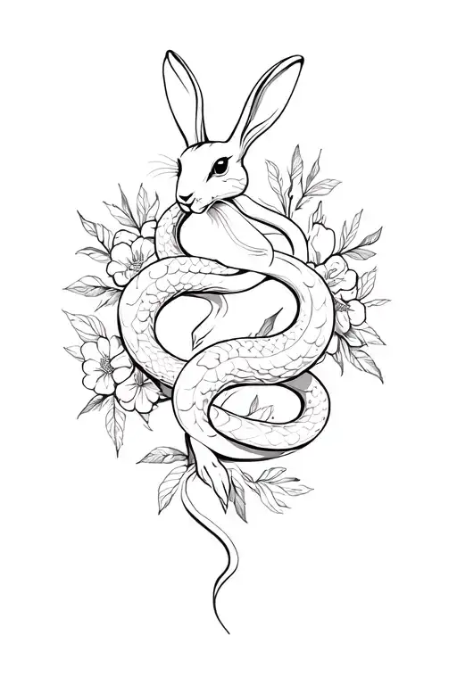 Hare Fighting Snake With Floral Background