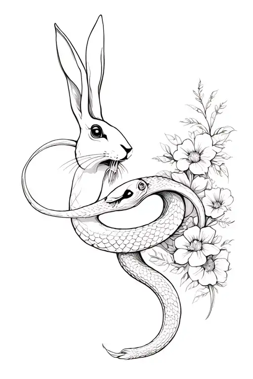 Hare Fighting Snake With Floral Background