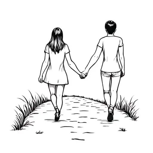A Mother And Her Son Holding Hands Walking On A Path With Their Backs To Each Other Holding Hands